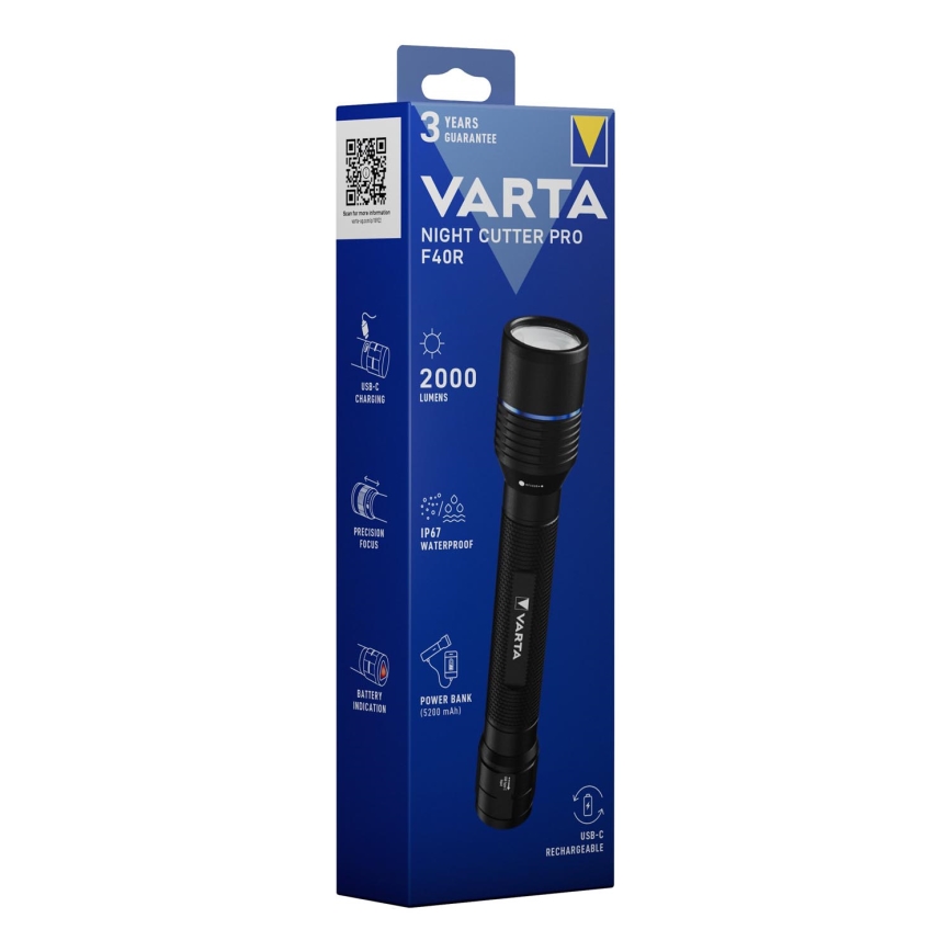 Varta 18922101111 - Wiederaufladbare LED-Taschenlampe mit Powerbank NIGHT CUTTER PRO F40R LED/USB IP67 5200 mAh