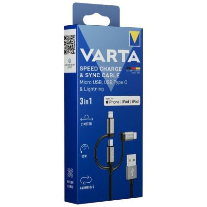 Varta 57937101111 - Cavo USB 3in1 con connector Lightning e Micro USB 2m