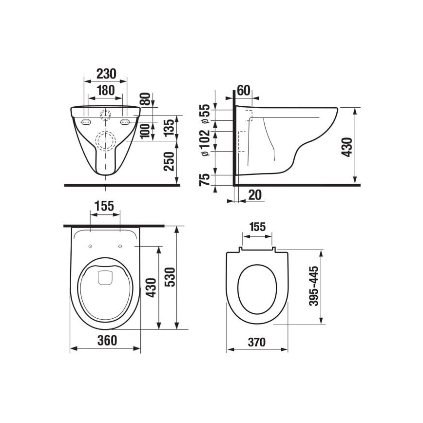 WC sospeso LYRA Rimless + sedile WC SoftClose LYRA + pulsante di scarico DUAL + modulo da incasso + guarnizione isolante