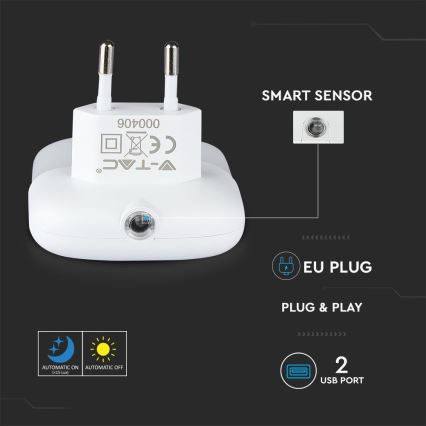 Veilleuse à brancher avec détecteur de crépuscule 2xUSB LED/0,45W/230V 3000K