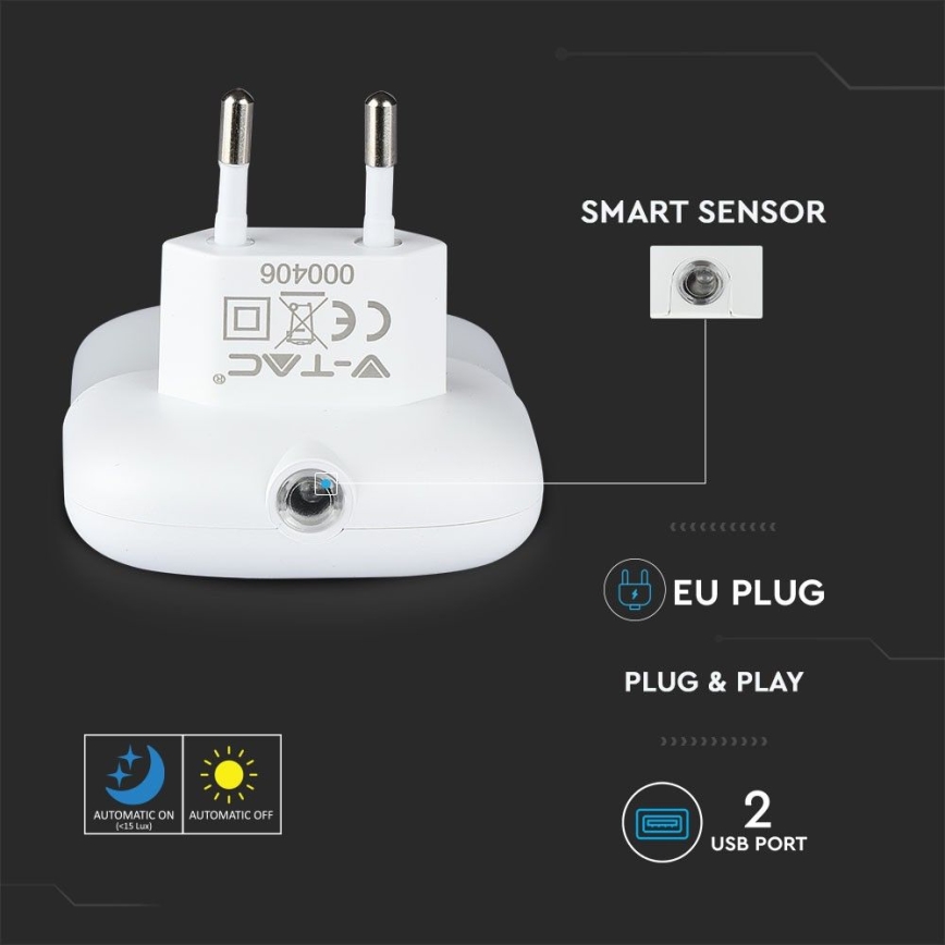 Veilleuse à brancher avec détecteur de crépuscule 2xUSB LED/0,45W/230V 3000K