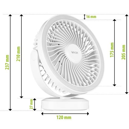 Ventilatore da tavolo ricaricabile con illuminazione a LED LED/3W/5V USB 2400 mAh bianco