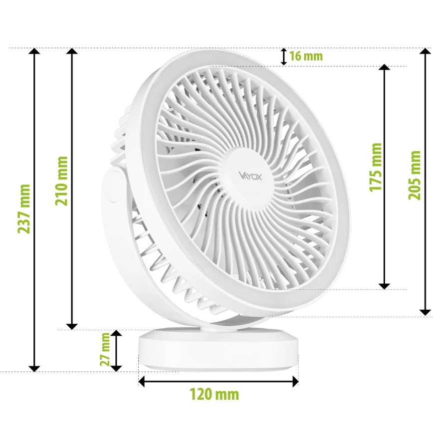 Ventilatore da tavolo ricaricabile con illuminazione a LED LED/3W/5V USB 2400 mAh bianco