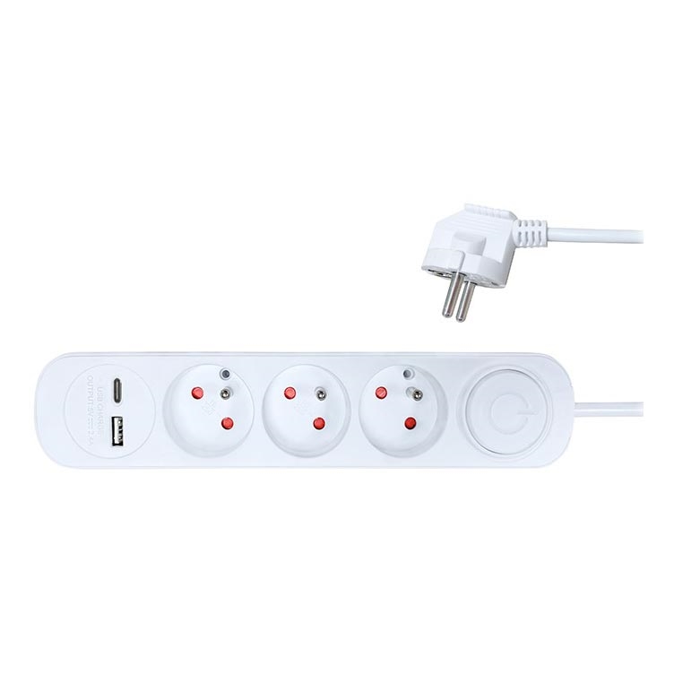 Verlängerungskabel mit Schalter 3Z + 2xUSB 2m weiß