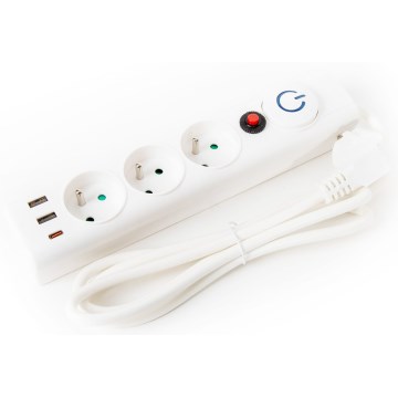 Verlängerungskabel mit Schalter 3Z Typ E + 2xUSB-A + 1xUSB-C 1,5m