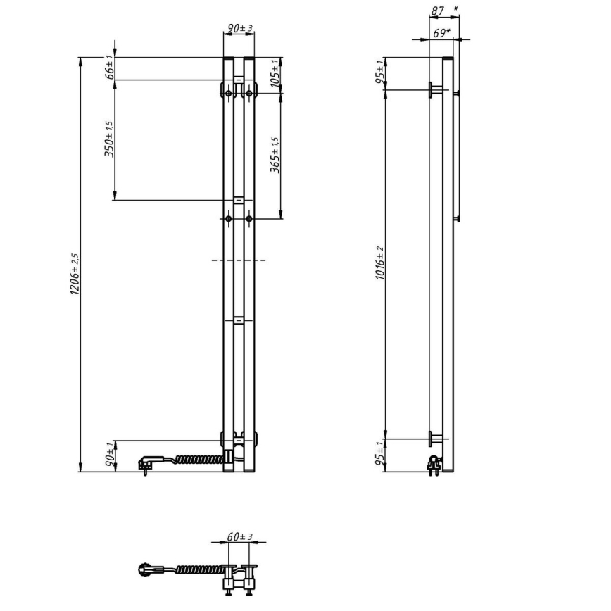 Vertaduro - Scaldasalviette elettrico con termostato VEO 70W/230V 120x9 cm IP44 nero destro