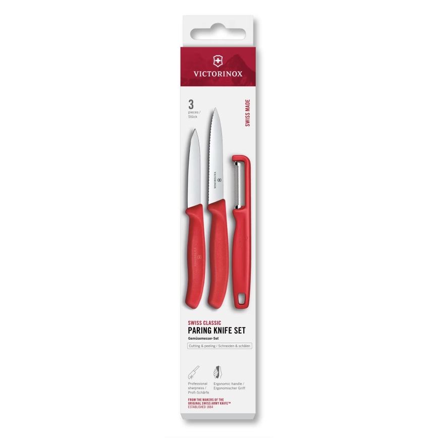 Victorinox - SWISS CLASSIC 3-teiliges Küchenmesserset mit Schäler, rot