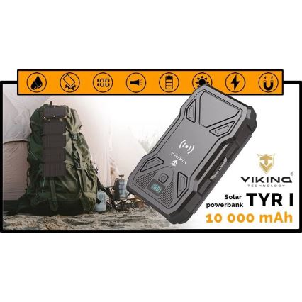 Viking - Powerbank mit LED-Taschenlampe, kabellosem Laden und Solarpanel, Power Delivery 22,5 W / 10.000 mAh