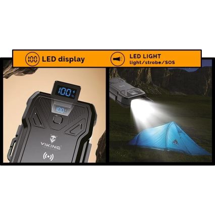 Viking - Powerbank mit LED-Taschenlampe, kabellosem Laden und Solarpanel, Power Delivery 22,5 W / 10.000 mAh
