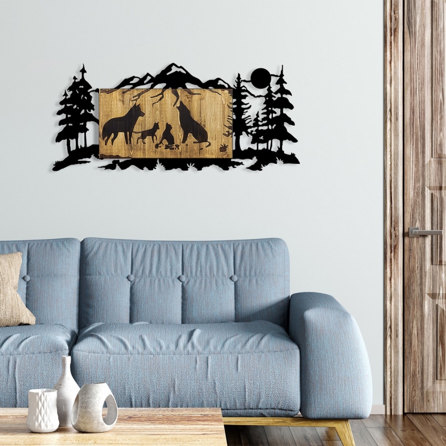 Wanddekoration 108x47 cm Wolfsfamilie Holz/Metall