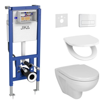 WC sospeso LYRA + sedile WC SoftClose LYRA + placca di comando DUAL + modulo da incasso + guarnizione isolante