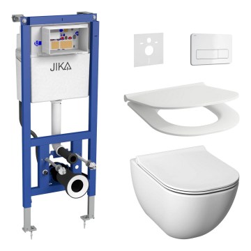 WC suspendu MIO sans bride + abattant à fermeture douce MIO + bouton de chasse DUAL + module encastré + plaque isolante