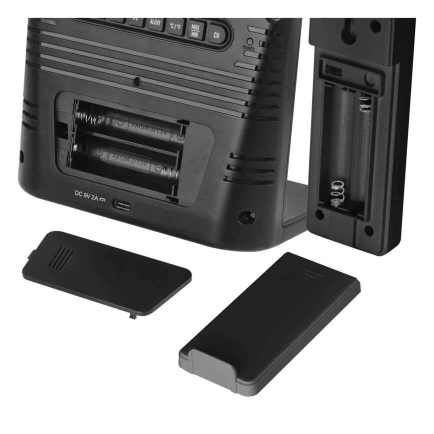 Wetterstation mit kabelloser Ladefunktion, 5V, 2×AA + 2×AAA, schwarz