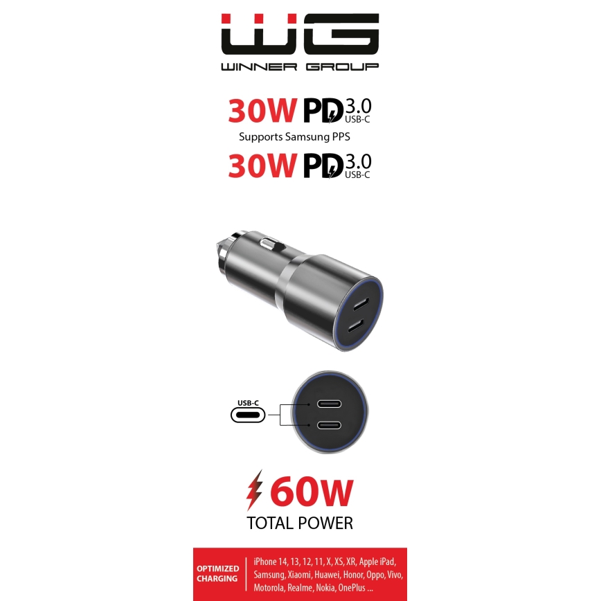 Winner Group - Autoladegerät 2xUSB-C Power Delivery 60W silbern