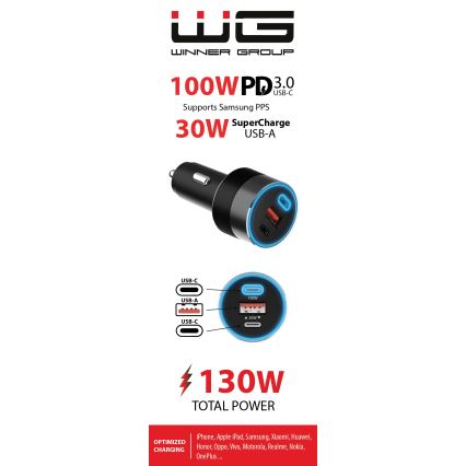 Winner Group - Caricabatterie da auto 2xUSB-C + 1xUSB-A Power Delivery 130W nero