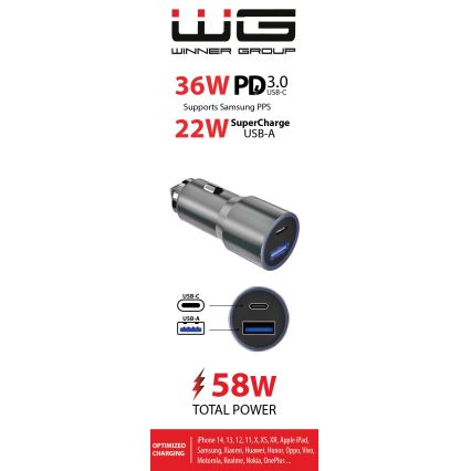 Winner Group - Chargeur pour voiture 1xUSB-C + 1xUSB-A Power Delivery 58,5W argent