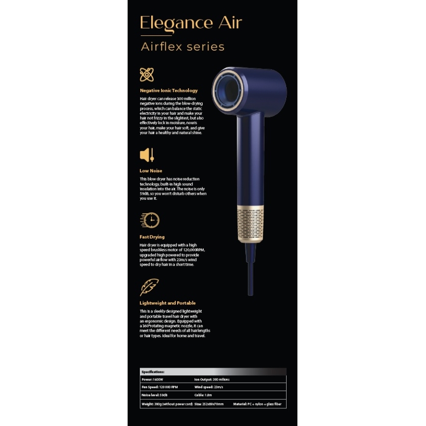 Winner Group - Haartrockner mit Ionisator Elegance Air 1600W/230V blau SCHUKO