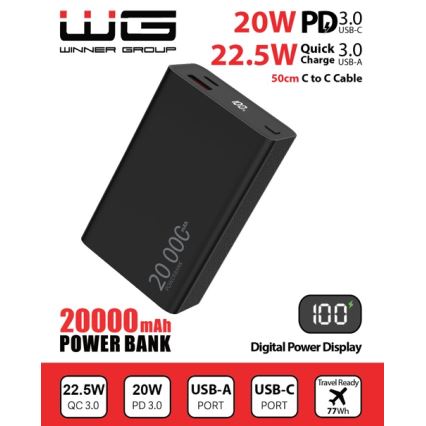 Winner Group - Power Bank con display 20000 mAh 20W Power Delivery nero