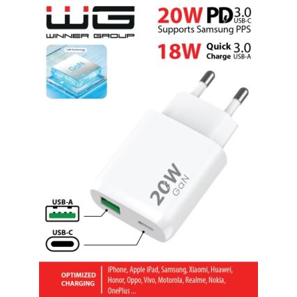 Winner Group - Schnellladeadapter 1xUSB-C + 1xUSB-A Power Delivery 20W weiß