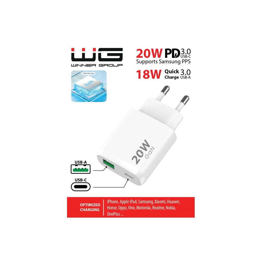 Winner Group - Schnellladeadapter 1xUSB-C + 1xUSB-A Power Delivery 20W weiß