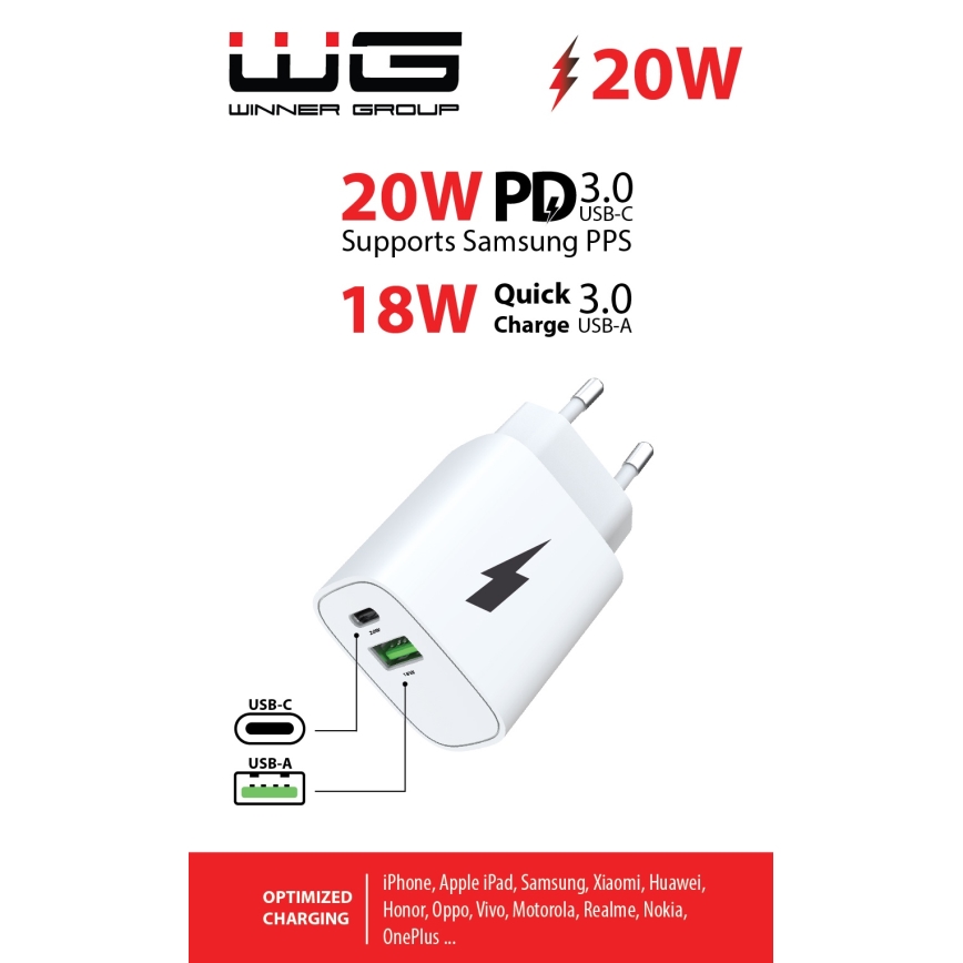 Winner Group - Schnellladeadapter 1xUSB-C + 1xUSB-A Power Delivery 20W weiß