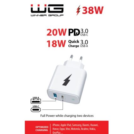 Winner Group - Schnellladeadapter 1xUSB-C + 1xUSB-A Power Delivery 38W weiß