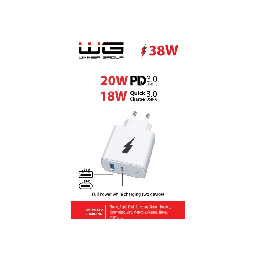 Winner Group - Schnellladeadapter 1xUSB-C + 1xUSB-A Power Delivery 38W weiß