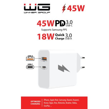 Winner Group - Schnellladeadapter 1xUSB-C + 1xUSB-A Power Delivery 45W weiß