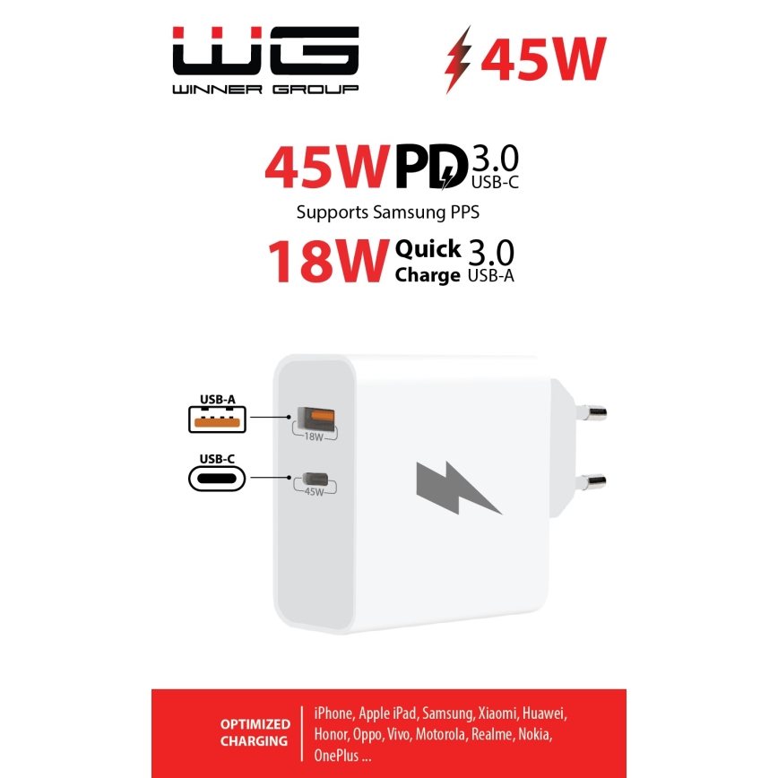 Winner Group - Schnellladeadapter 1xUSB-C + 1xUSB-A Power Delivery 45W weiß