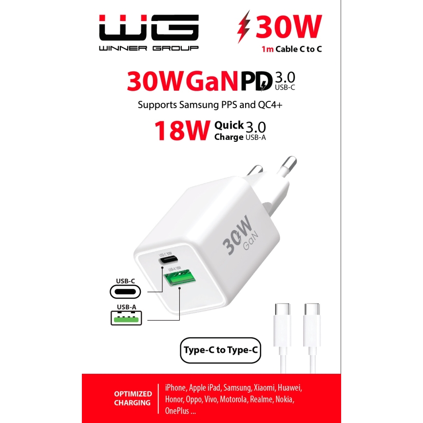 Winner Group - Schnellladeadapter 2xUSB PD 30W + USB-Kabel USB-C / USB-C 1m