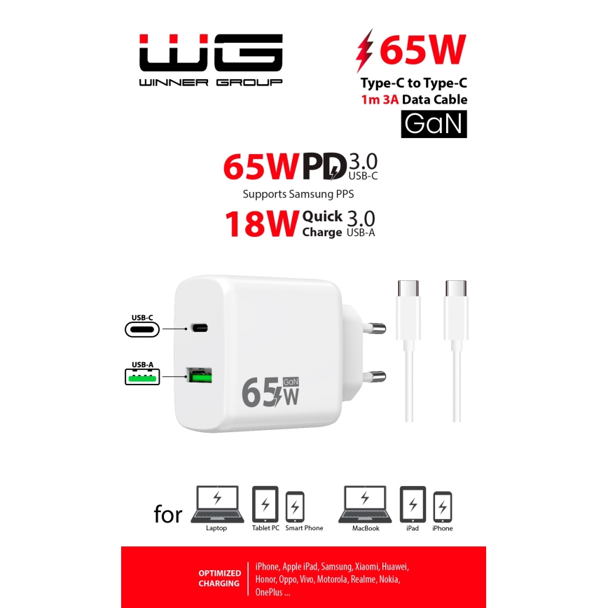 Winner Group - Schnellladeadapter 2xUSB PD 65W + USB-Kabel USB-C / USB-C 1m