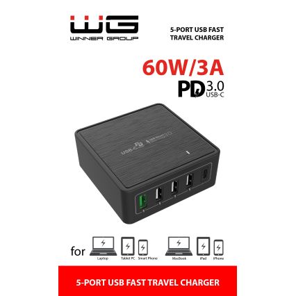 Winner Group - Schnellladeadapter 5xUSB-C Power Delivery 60W schwarz