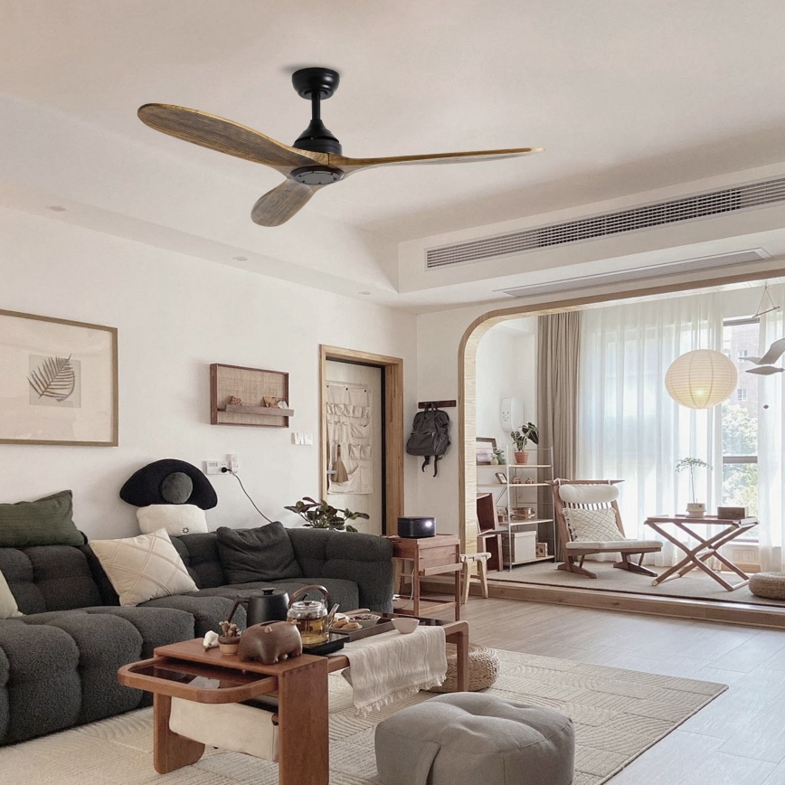 ZEVENTI - Deckenventilator LAURIA Wi-Fi Tuya schwarz/Eiche + Fernbedienung