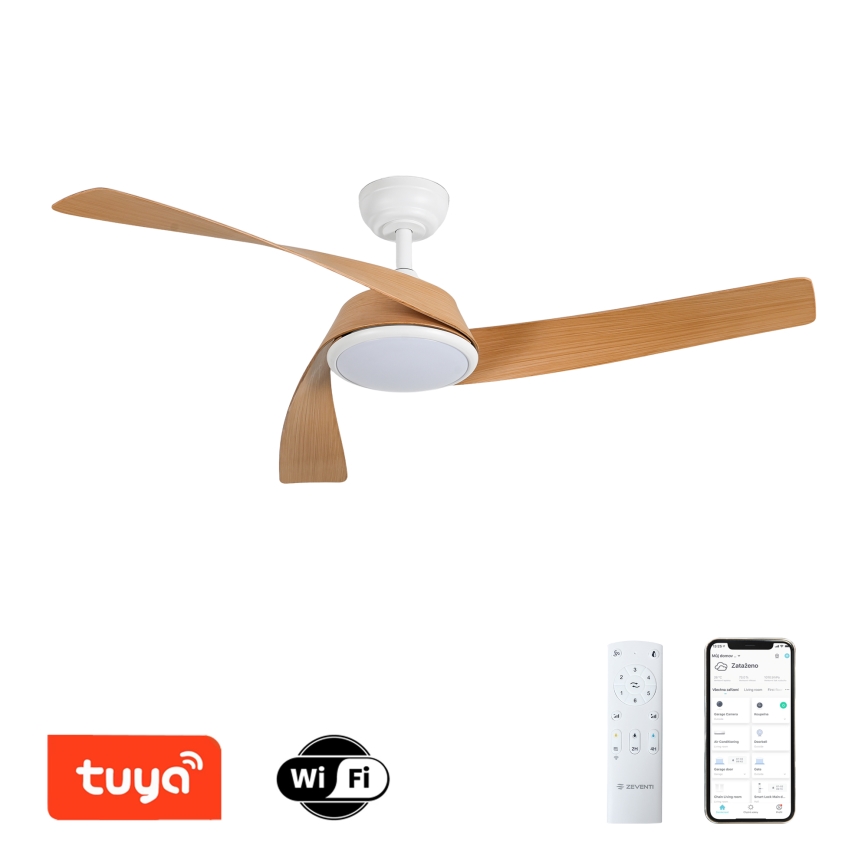 ZEVENTI - LED dimmbarer Deckenventilator AERYS LED/24W/230V 3000/4000/6000K Wi-Fi Tuya weiß/Eiche + Fernbedienung