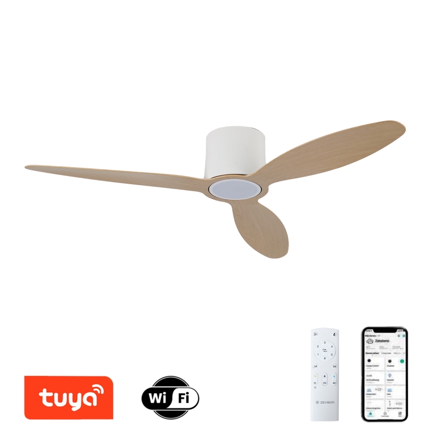 ZEVENTI - Dimmbarer LED-Deckenventilator VENTORA LED/24W/230V 3000/4000/6000K Wi-Fi Tuya weiß/Eiche + Fernbedienung