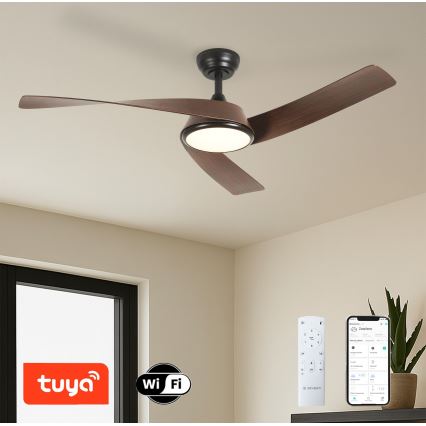 ZEVENTI - Ventilateur de plafond LED dimmable AERYS LED/24W/230V 3000/4000/6000K Wi‑Fi Tuya noir/noyer + télécommande