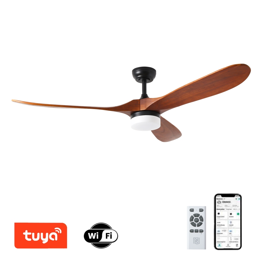 ZEVENTI - Ventilatore da soffitto dimmerabile a LED GINOSA LED/18W/230V 3000-6000K Wi-Fi Tuya nero/quercia + telecomando
