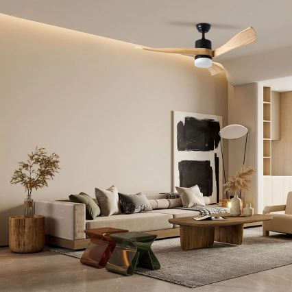 ZEVENTI - Ventilatore da soffitto dimmerabile a LED NATURITO LED/18W/230V 3000-6000K Wi-Fi Tuya nero/quercia + telecomando