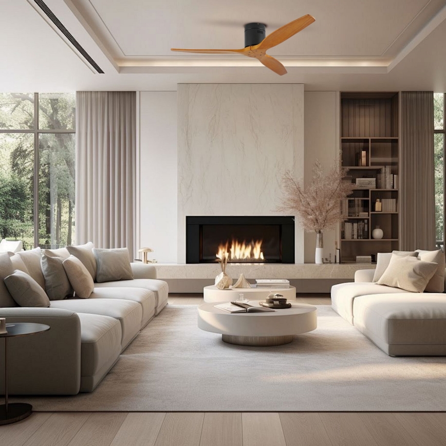 ZEVENTI - Ventilateur de plafond SPELLO Wi-Fi Tuya noir/chêne + télécommande