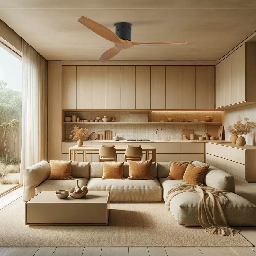 ZEVENTI - Ventilateur de plafond SPELLO Wi-Fi Tuya noir/chêne + télécommande