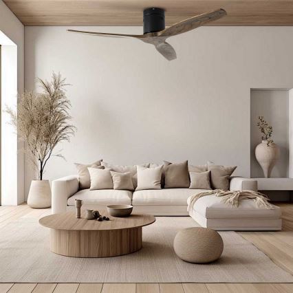 ZEVENTI - Ventilateur de plafond SPELLO Wi-Fi Tuya noir/chêne + télécommande