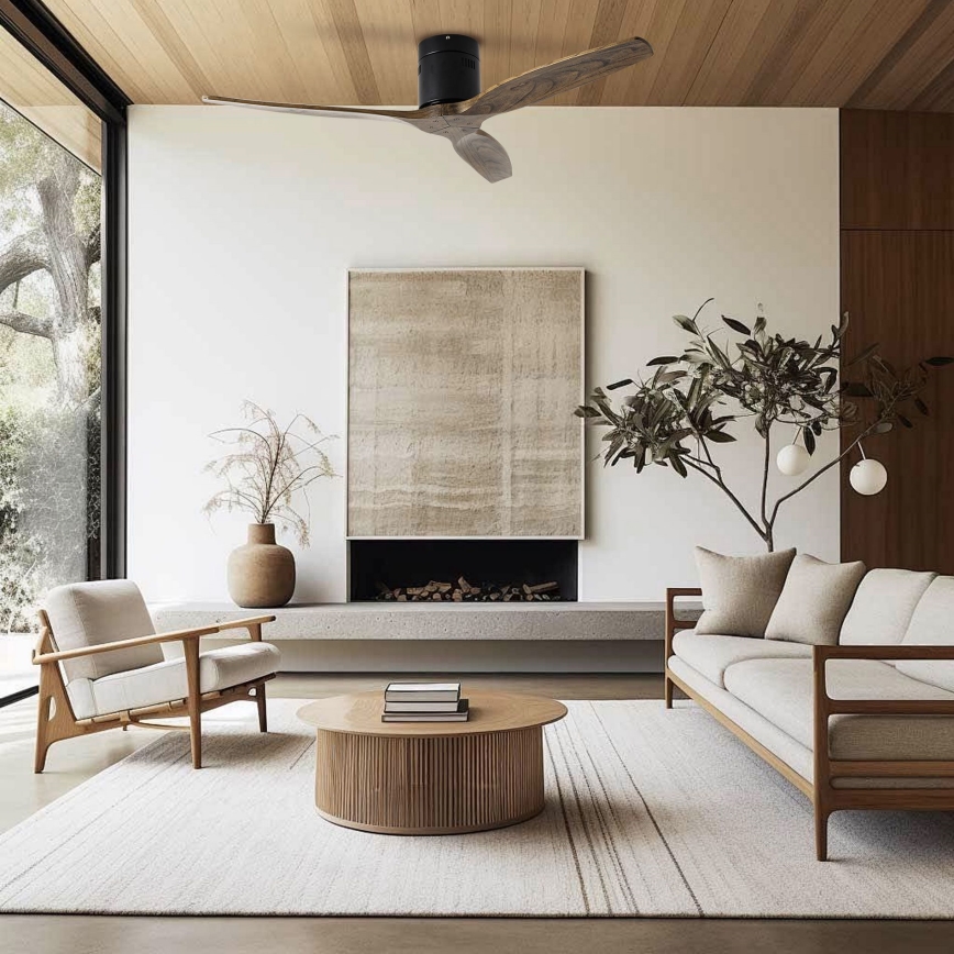 ZEVENTI - Ventilateur de plafond SPELLO Wi-Fi Tuya noir/chêne + télécommande