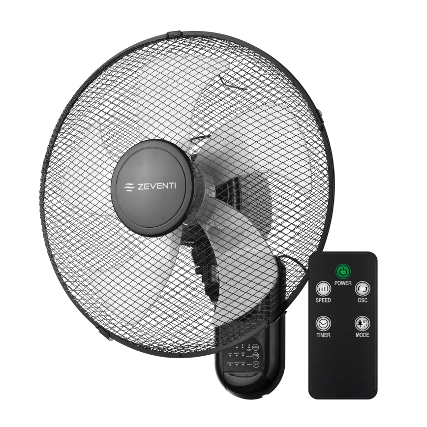 ZEVENTI - Ventilateur mural FANNY 45W/230V Ø 41 cm noir + télécommande