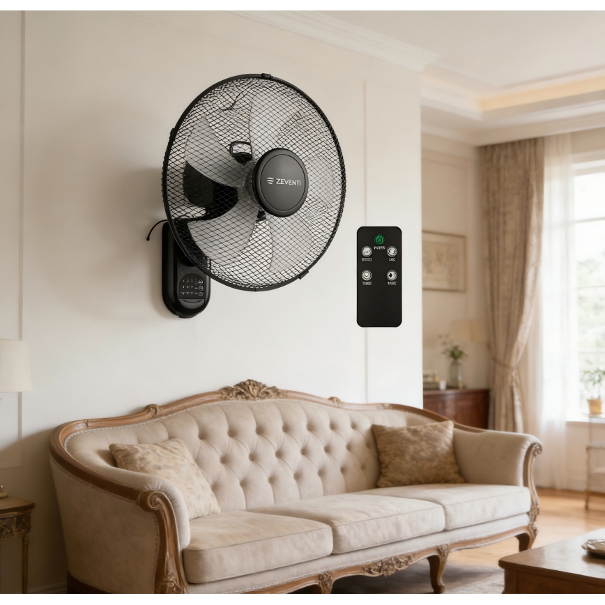ZEVENTI - Ventilateur mural FANNY 45W/230V Ø 41 cm noir + télécommande