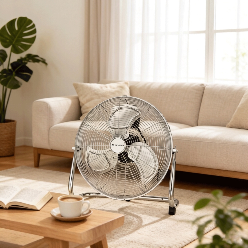 ZEVENTI - Ventilateur sur pied FLOW 100W/230V, finition chrome brillant