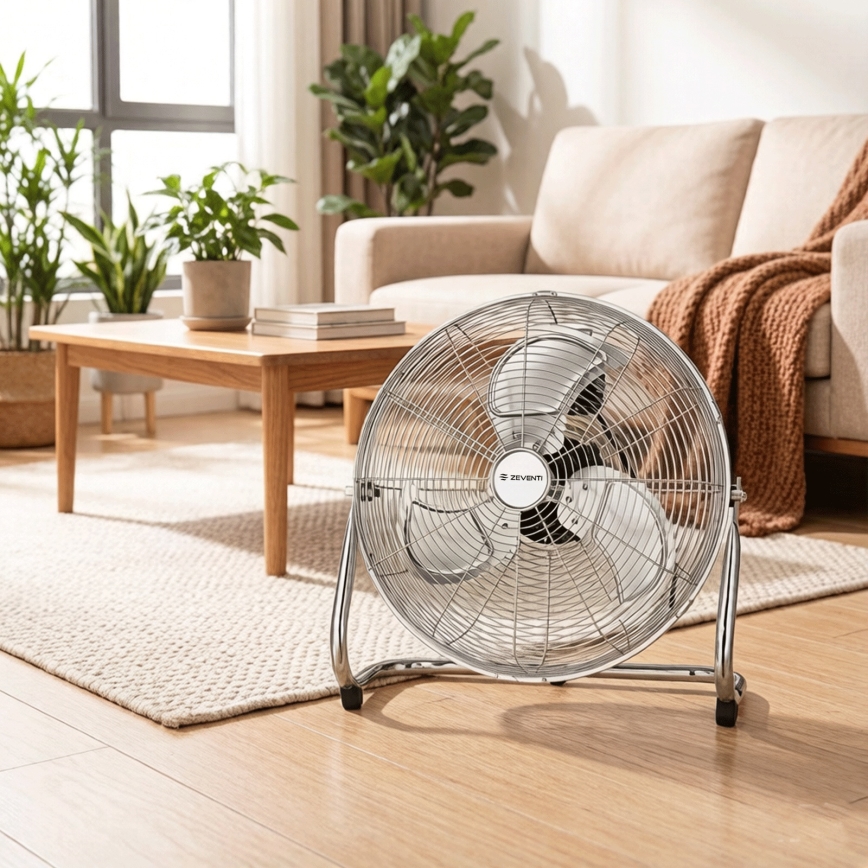ZEVENTI - Ventilateur sur pied FLOW 100W/230V, finition chrome brillant
