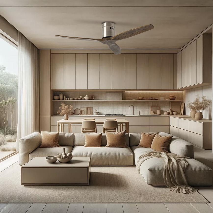 ZEVENTI - Ventilatore da soffitto SPELLO Wi-Fi Tuya cromo opaco/rovere + telecomando