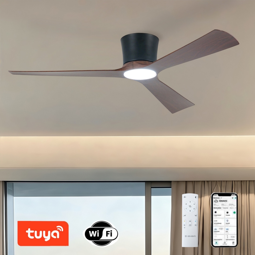 ZEVENTI - Ventilatore da soffitto dimmerabile a LED AUREX LED/24W/230V 3000/4000/6000K Wi-Fi Tuya nero/noce + telecomando