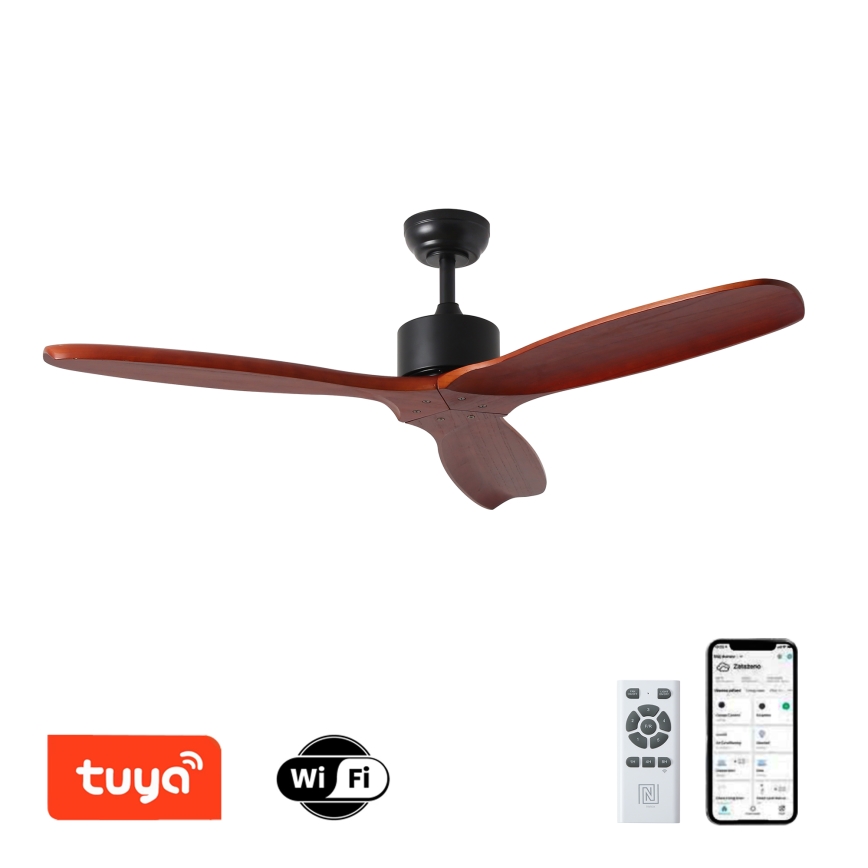 ZEVENTI - Ventilatore da soffitto CUENCA Wi-Fi Tuya nero/rovere + telecomando