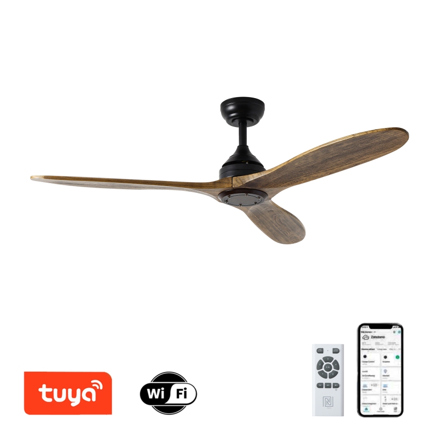 ZEVENTI - Ventilatore da soffitto LAURIA Wi-Fi Tuya nero/quercia + telecomando